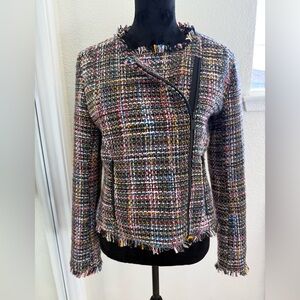 Halogen Tweed Moto Jacket Multicolor Fringe Zip Front Blazer Size Small